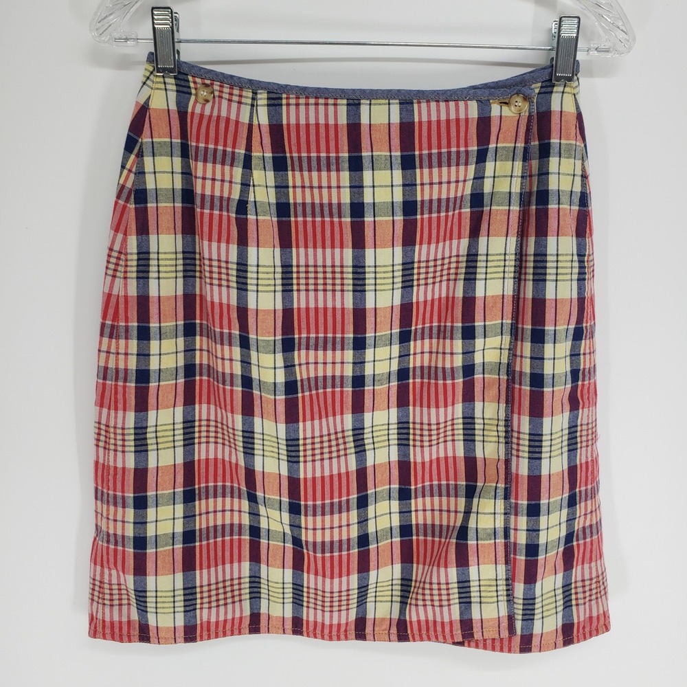 Vintage 90s Liz Claiborne Reversible Madras Plaid Chambray Wrap Skirt 6 Red Blue